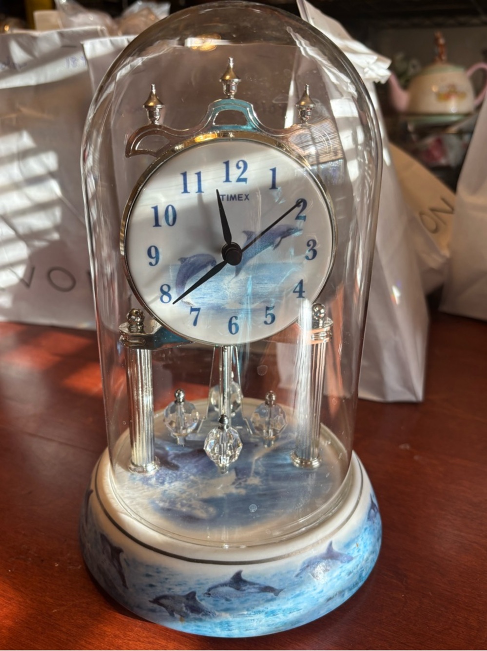 Timex Domed Porcelain Anniversary Clock w Dolphin Theme and Chimes